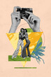 © deagreez - Banner art creative trend collage of happy girl guy stand hands hold photo camera shooting retro device paparazzi cadre capture