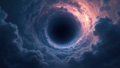 Wall Mural - Dark vortex with clouds and stars. Swirling clouds form a tunnel into blackness. Pink and orange light edges the stormy sky, suggesting a powerful natural force or cosmic event. Energetic.