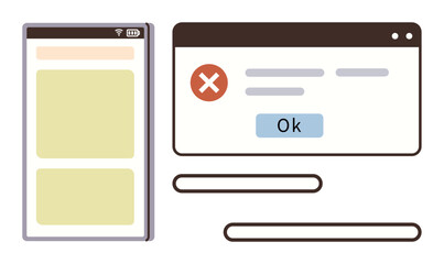 Web browser error alert with red cross and OK button alongside a mobile screen layout. Ideal for technology, app interface, web development, UI design, troubleshooting, coding, simple flat metaphor