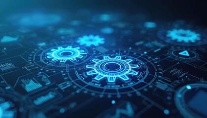Abstract digital gears, futuristic interface displays data streams, charts, complex network grids suggesting big data analysis, cyber systems. High tech background for science, innovation topics.