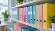 © evgenia_lo - A Colorful Collection of Organizers on a Wooden Shelf i. Organize document, Filing system, Document management, Workplace productivity, Paper archive concept