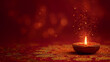 © Zanna - Traditional diya lamp glowing with golden sparks on red background — elegant festive scene symbolizing warmth, spirituality, and light during Diwali, Bhai Dooj, and other Indian celebrations