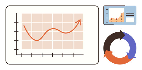 Wall Mural - Line chart with rising arrow on a grid, data dashboard with metrics, and circular arrows symbolizing continuous improvement. Ideal for business, progress, strategy, analytics, planning, development