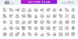 © RI Rafiq - Action plan line icon set. Business planning, schedule, workflow, management, analysis, implementation, goals, and collaboration vector line icon pack. Editable stroke icons