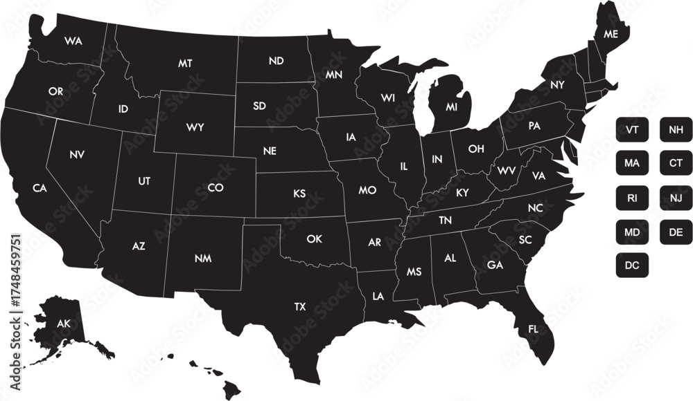 Black Map of the USA With States Labelled Stock Vector | Adobe Stock