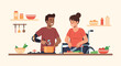 © logo braxot - Diverse couple cooking together: Man with prosthetic arm stirs pot, woman in wheelchair chops vegetables.
