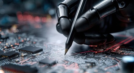 Close-up of a robotic arm holding a pen, writing on a circuit board, with blurred background