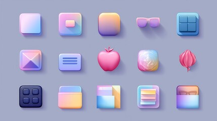 3D vector icons pack, gradient pastel style, clean modern UI elements