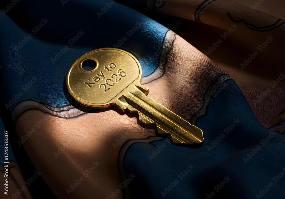 Golden Key With 2026 Inscription On Patterned Fabric Stock Photo 1000 F 1748513307 