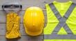 © VividStock - Safety equipment collection with hard hat gloves goggles and reflective vest on wood grain