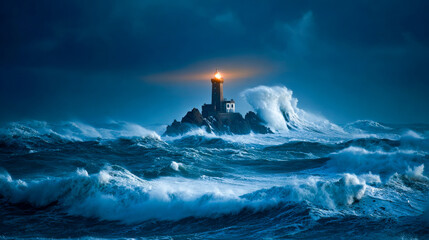 Wall Mural - Lighthouse in a stormy sea with large waves and a dark sky a lighthouse in a night.