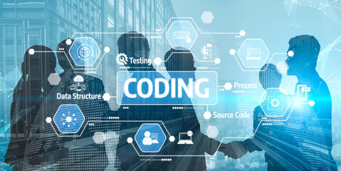 Visualize a modern team collaborating on software development, highlighting coding, testing, and workflow with digital graphics and silhouettes in an innovative workspace. Tessel