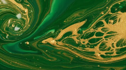 Wall Mural - A seamlessly looping video featuring a slow, elegant swirl of emerald green and gold liquid marble patterns flowing smoothly water, background, meditative