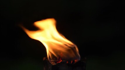 Sticker - a single, vibrant torch flame dances in a dark, mysterious setting, captured in a steady close-up wi