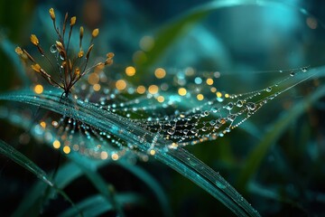 Dew drops cling to a delicate spiderweb stretched across blades of grass in early morning light, creating a beautiful natural scene