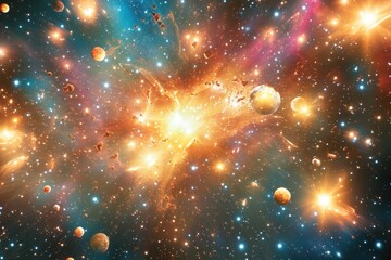 Wall Mural - Vast expanse of colorful nebula with glowing stars and orbiting planets in space