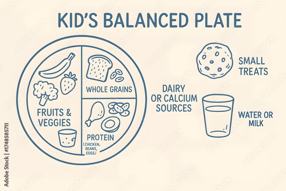 Infographic on kid’s balanced plate with fruits, vegetables, protein ...