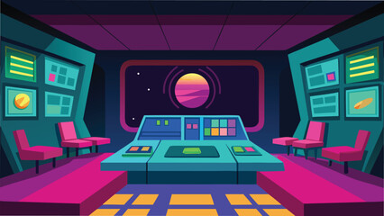 Vector art of a futuristic spaceship control room with a large window showing a planet and a control panel with buttons