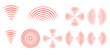 © Даниил Москаленко - Vector collection of red radar rings and pain target spots. Abstract concentric signal patterns for digital, medical, or geometric backgrounds. Isolated circle wave shapes illustration.
