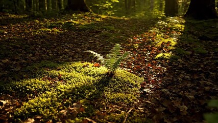 Poster - Deep forest floor with rich, dark earth covered in moss and fallen leaves, dappled light closeup, natural beauty, meditation