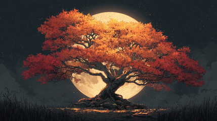Wall Mural - Ancient tree with golden and red leaves glowing softly under the full moon