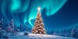 © alain louis - A luminous Christmas tree shines brightly under the captivating aurora borealis, creating a magical holiday scene in the serene winter landscape at night.