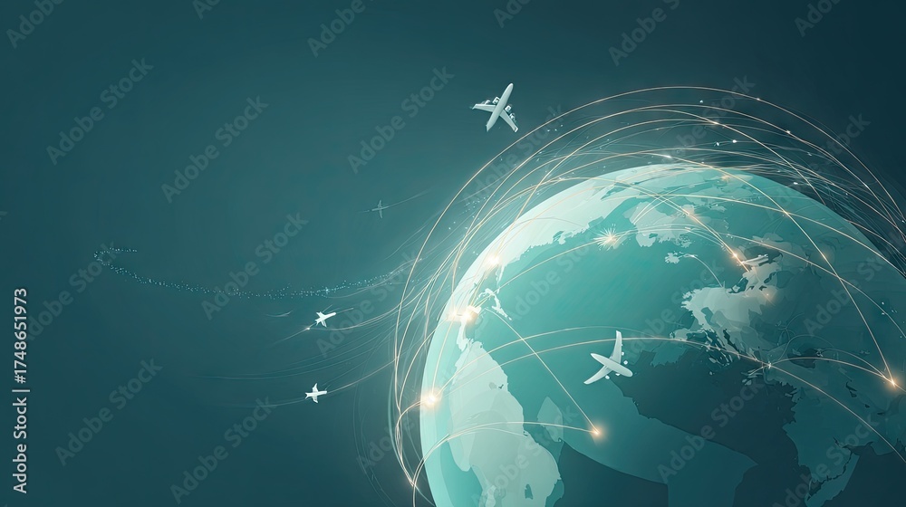 Global air travel concept with airplanes around illuminated earth ...