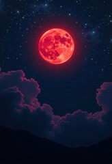 Wall Mural - Glowing crimson moon dominates a dark, star-studded night sky, casting an ethereal red light, dark, celestial body