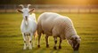© Evarelle - A white goat and a woolly sheep stand together in a field at sunset. Farm animals grazing in a pasture during the golden hour. Agriculture and livestock concept