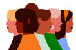 © Monika Jurczyk - Modern flat design illustration featuring a diverse group of women in side profile, representing unity, multiculturalism, and feminism, perfect for diversity, inclusion, and empowerment themes. PNG