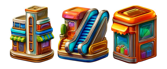Glossy 3D Illustration of Colorful Retail Buildings and Escalator Design
