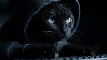 A hacker cat in a hood coding behind a computer at night.