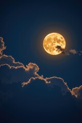 Wall Mural - Serene night scene with a luminous full moon partially obscured by fluffy white clouds, serene, nature