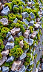 Wall Mural - Ancient granite boulder, textured surface richly covered with vibrant green moss and gray-green lichen, flora, moss