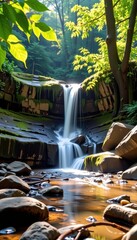 Wall Mural - Serene moss-draped waterfall cascading over ancient rocks, lush green foliage, sunlight filtering through leaves, outdoor, moss