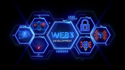 An animated Web3 icon connected to a futuristic website development graphic. Represents blockchain technology, decentralized network, and modern internet development. 4k video
