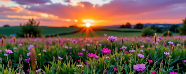Wall Mural - Serene sunset over idyllic sweet meadows, soft focus background, vibrant colors, peaceful landscape, idyllic, picturesque, countryside