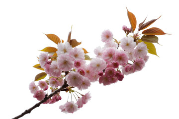 Wall Mural - A branch of delicate pink cherry blossoms with copper leaves, isolated on a transparent background. background removed