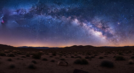 Wall Mural - Spectacular Panorama of the Milky Way Galaxy Above Arid Desert Landscape
An astonishing wide-angle panoramic astrophotograph capturing the majestic band of the Milky Way galaxy stretching across 

