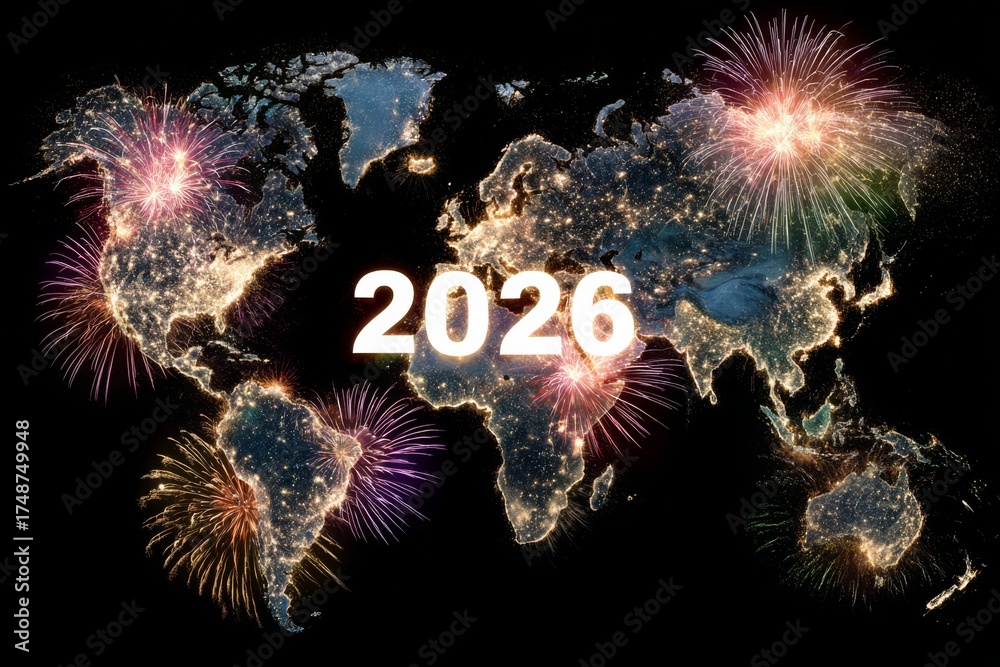 World Map Glowing With 2026 Surrounded By Fireworks Bursts On 1000 F 1748749948 