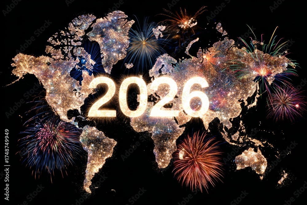 World Map Glowing With 2026 Surrounded By Fireworks Bursts On 1000 F 1748749949 