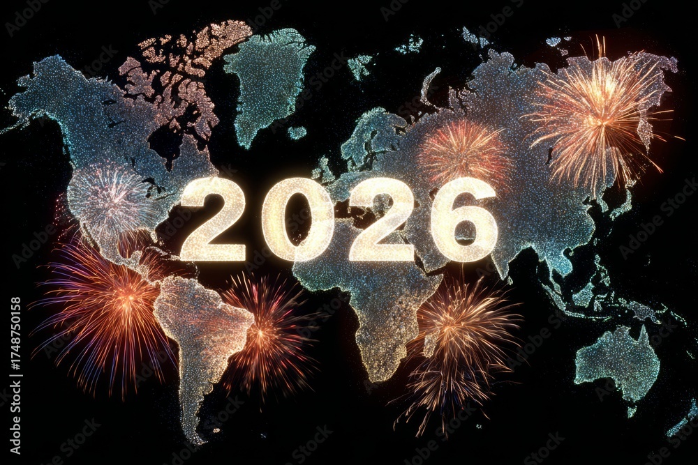 Stock World Map Glowing With 2026 Surrounded By Fireworks 1000 F 1748750158 