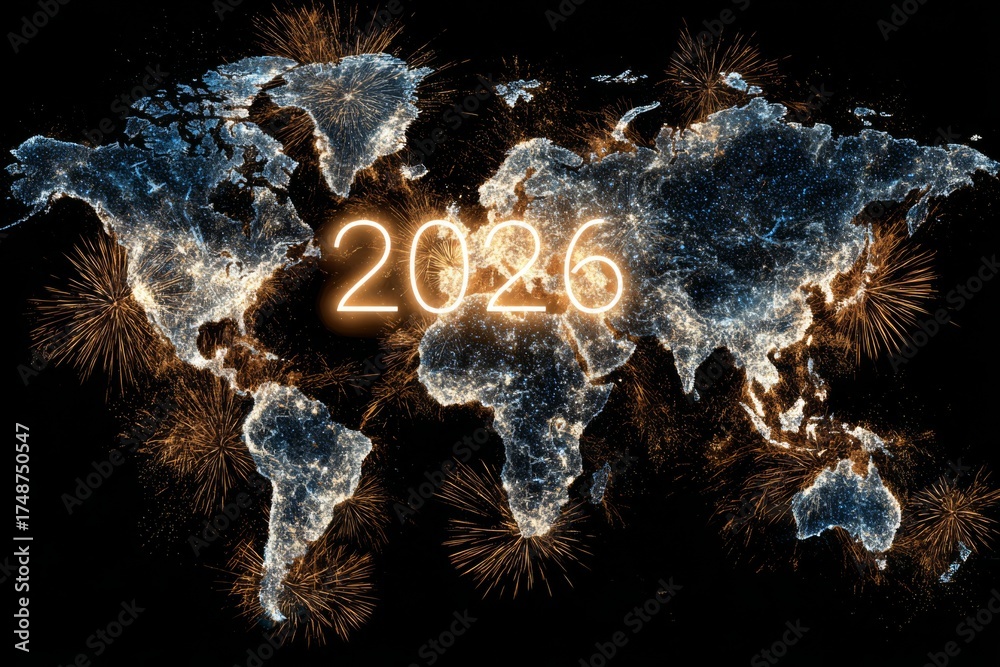 World Map Glowing With 2026 Surrounded By Fireworks Bursts On 1000 F 1748750547 