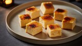 Delicious crme brle cubes arranged artfully on a ceramic plate, showcasing their caramelized sugar tops and creamy texture