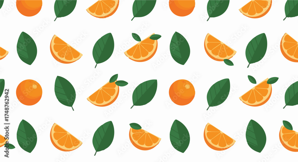 Bright citrus orange fruit slices and leaves form a seamless repeating ...