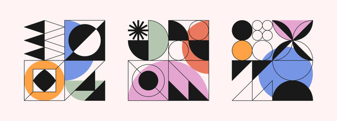 Wall Mural - Abstract geometric compositions in Brutalist style.Trendy modular designs with block shapes,elements.Minimalist swiss aesthetic.Modern bold graphics for digital prints,branding,web,posters,emblems
