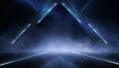 Wall Mural - Dark empty scene, blue neon searchlight light, wet asphalt, smoke, night view, rays.