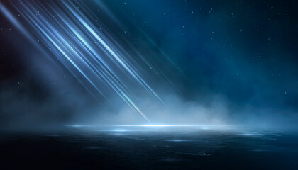 Wall Mural - Wet asphalt, reflection of neon lights, a searchlight, smoke. Abstract light in a dark empty street with smoke, smog. Dark background scene of empty street, night view, night city.