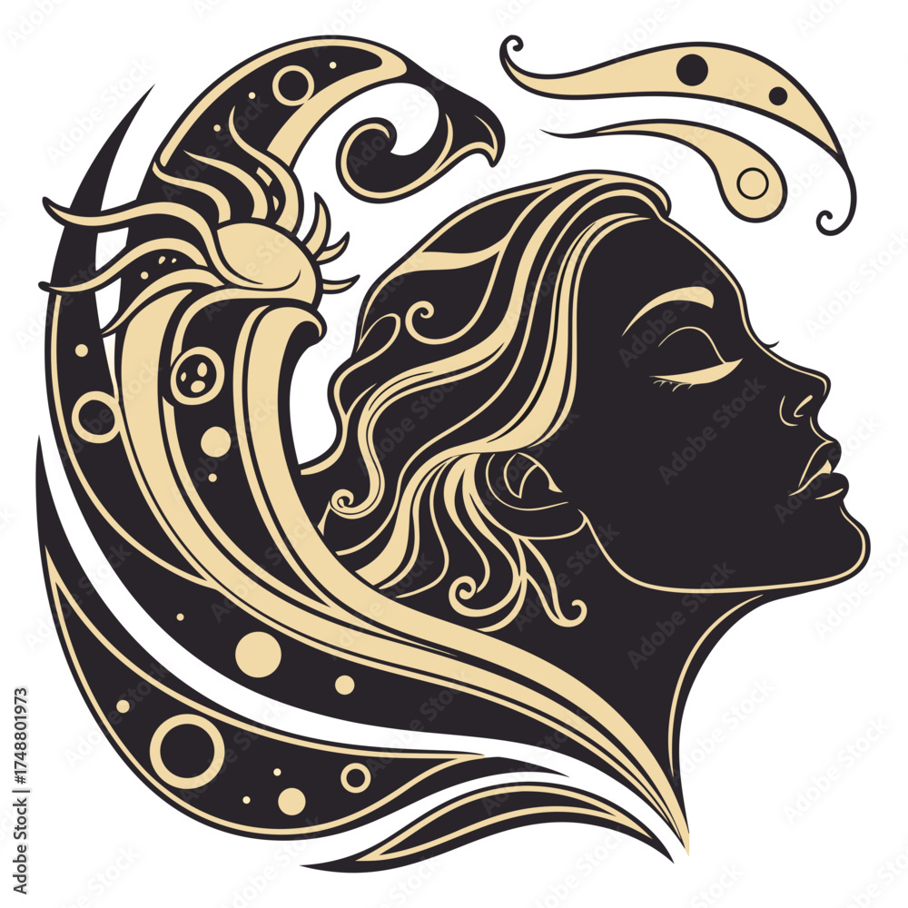 Art nouveau inspired silhouette of a woman s profile with flowing hair ...