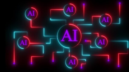 Wall Mural - Artificial intelligence (AI) and machine learning concept. Abstract technology background.Neon AI Circuit Board Technology Background Animation. Artificial Intelligence Chip with Glowing .4k